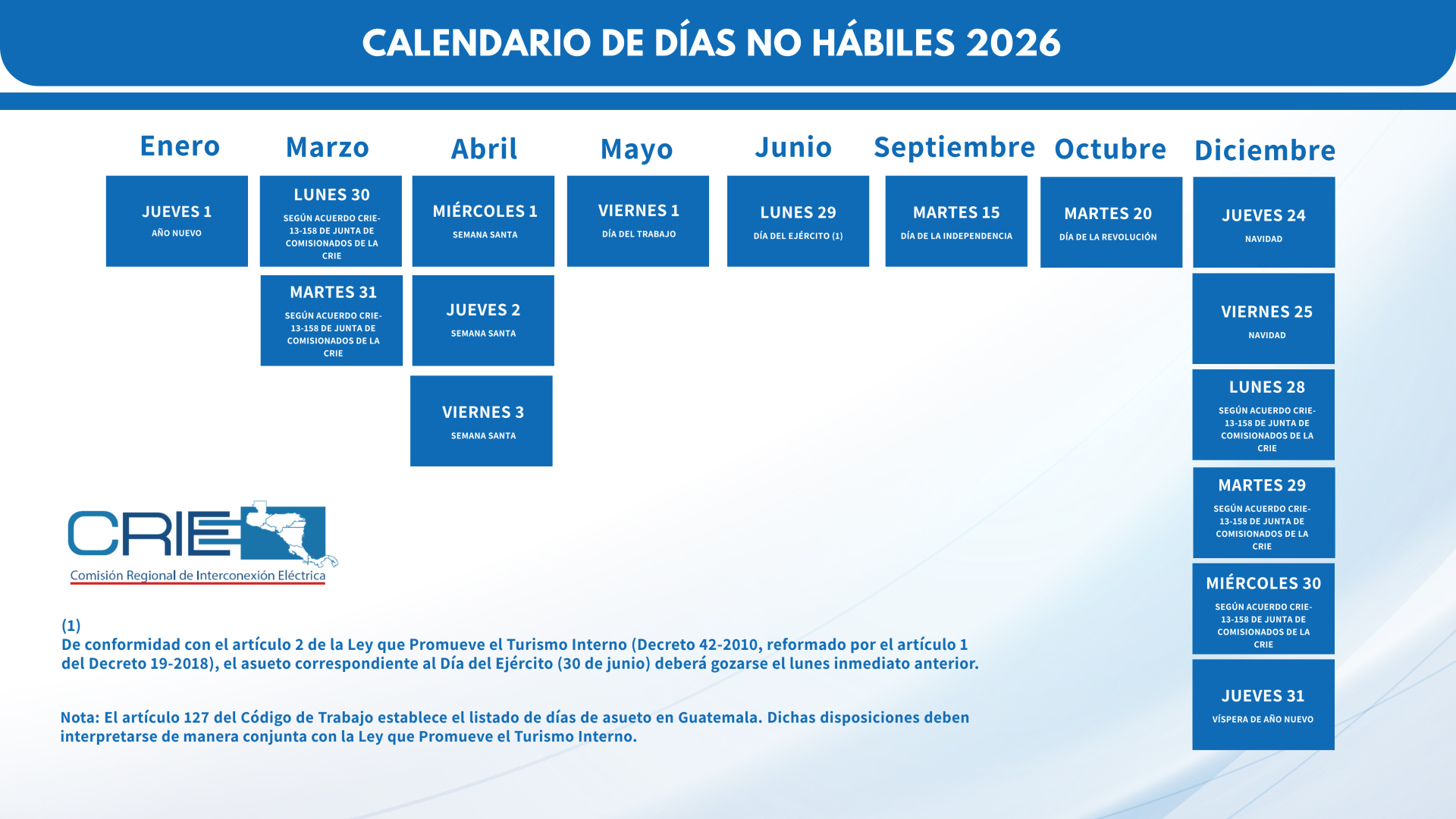 Calendario Días No Hábiles CRIE 2026